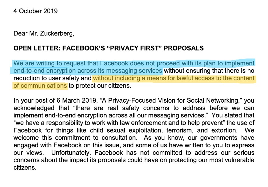 For instance, in 2019, a multi-government “open letter” signed by U.S. Attorney General William Barr called on Facebook not to expand end-to-end encryption unless “lawful access” mechanisms were included.